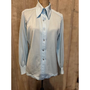Vintage 70s Funky Retro Baby Blue Butterfly Pointy Collar Shirt M/L